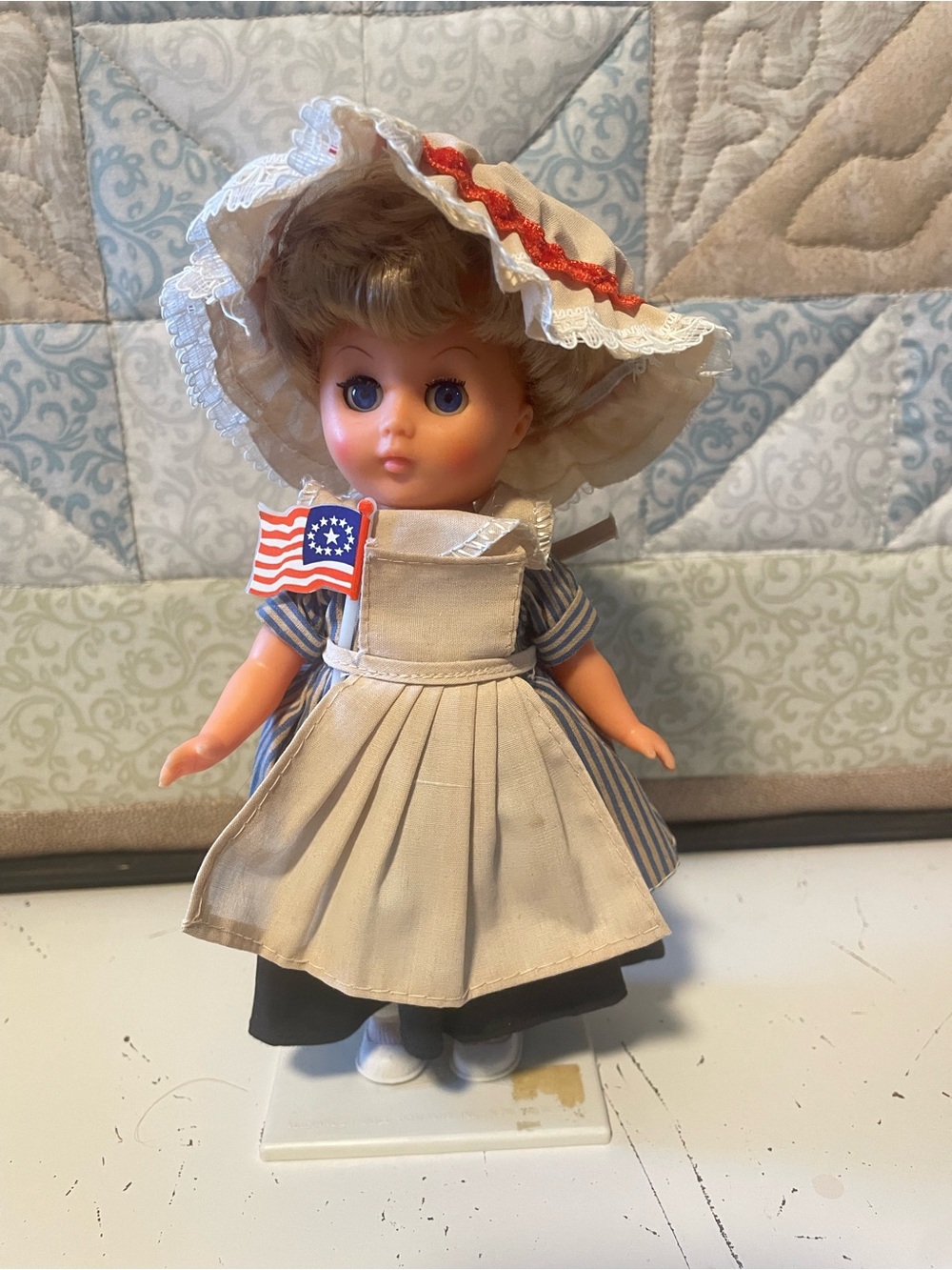 Antique 50s Girls' Doll in Beige & Blue Dress with Hat and‎ Betsy Ross Flag